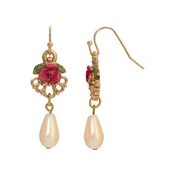 1928 Gold Tone Filigree Simulated Pearl Earrings