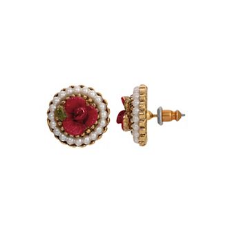 1928 Gold Tone Simulated Pearl Rose Round Stud Earrings