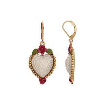 1928 Gold Tone Simulated Pearl Heart Drop Earrings