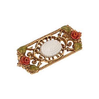 1928 Gold Tone Simulated Pearl Rose Rectangle Brooch