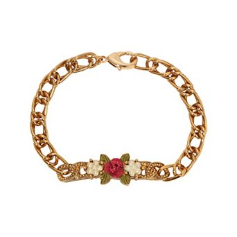 1928 Gold Tone Simulated Pearl Rose ID Bracelet