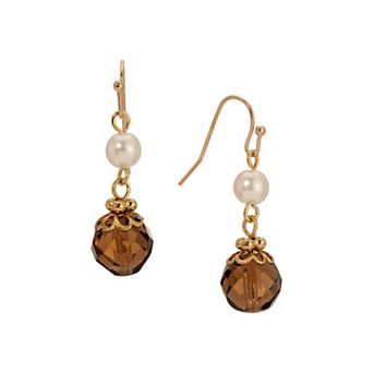 1928 Gold Tone Simulated Pearl Gemstone Double Drop Earrings