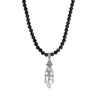 1928 Silver Tone Crystal Pendant Necklace with Bead Accents
