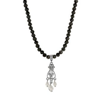 1928 Silver Tone Crystal Pendant Necklace with Bead Accents