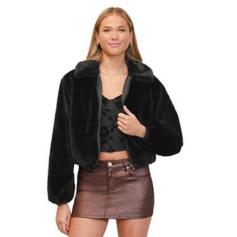 Juniors' Madden Girl Collared Zip-Front Bubble Faux Fur Jacket