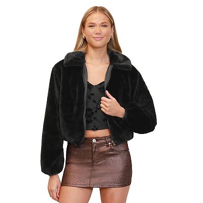 Juniors' Madden Girl Collared Zip-Front Bubble Faux Fur Jacket