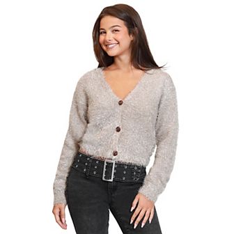 Juniors' madden girl Long Sleeve Mixed Button-Down V-Neck Sweater