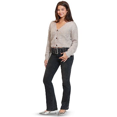 Juniors' madden girl Long Sleeve Mixed Button-Down V-Neck Sweater