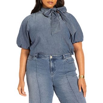 ELOQUII Women's Plus Size Sleeve Chambray Tie Neck Top