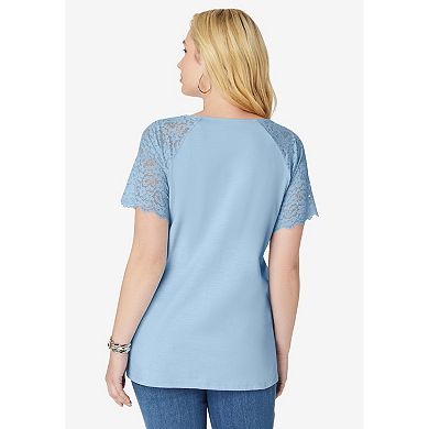 Roaman's Women's Plus Size Lace-Detailed Tee