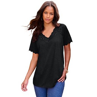 Roaman's Women's Plus Size Lace-Detailed Tee
