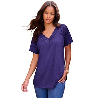 Roaman's Women's Plus Size Lace-Detailed Tee