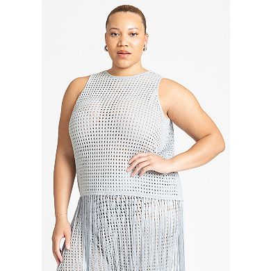 ELOQUII Women's Plus Size Crochet Fringe Sweater Tank