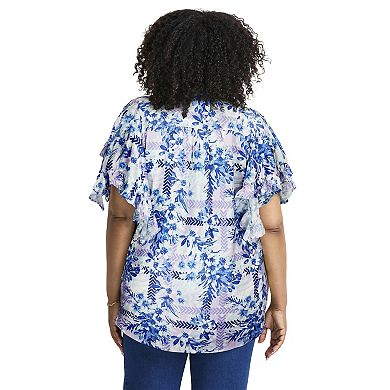 Avenue Women's Plus Size Tie Front Scarf Sleeve Blouse