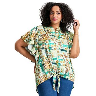 Avenue Women's Plus Size Tie Front Scarf Sleeve Blouse