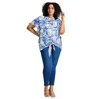 Avenue Women's Plus Size Tie Front Scarf Sleeve Blouse