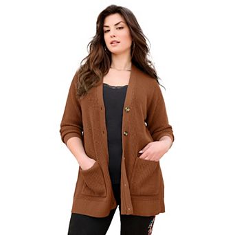 Roaman's Women's Plus Size Waffle Button Front Cardigan