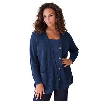 Roaman's Women's Plus Size Waffle Button Front Cardigan