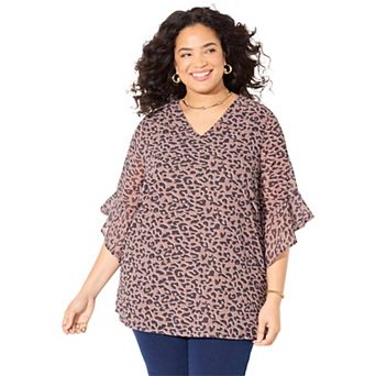 Catherines Women's Plus Size V-Neck Bell-Sleeve Georgette Blouse