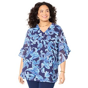 Catherines Women's Plus Size V-Neck Bell-Sleeve Georgette Blouse