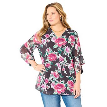 Catherines Women's Plus Size V-Neck Bell-Sleeve Georgette Blouse