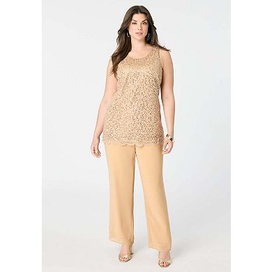 Roaman's Women's Plus Size Plus-Size 3 Piece Allover Sequin Lace Jacket And Tank Pant Set