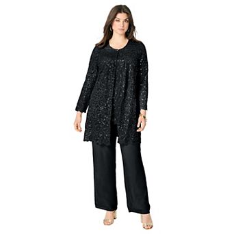 Roaman's Women's Plus Size Plus-Size 3 pc Allover Sequin Lace Jacket And Tank Pant Set