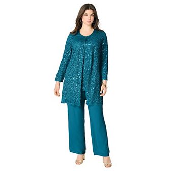 Roaman's Women's Plus Size Plus-Size 3 pc Allover Sequin Lace Jacket And Tank Pant Set