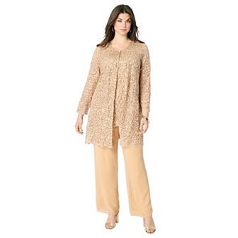 Roaman's Women's Plus Size Plus-Size 3 pc Allover Sequin Lace Jacket And Tank Pant Set