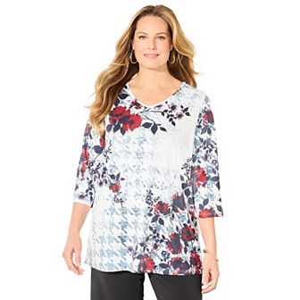 Catherines Women's Plus Size V-Neck Placement Print Top