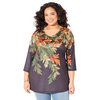 Catherines Women's Plus Size V-Neck Placement Print Top