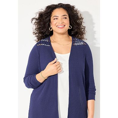 Catherines Women's Plus Size Waffle Knit Lace Back Cardigan