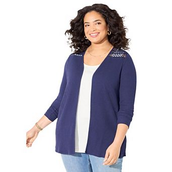 Catherines Women's Plus Size Waffle Knit Lace Back Cardigan