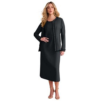Roaman's Women's Plus Size Long Sleeve Pleated Jacket Dress Set Elegant 2 pc Sheath Suit