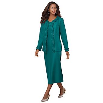 Roaman's Women's Plus Size Long Sleeve Pleated Jacket Dress Set Elegant 2 pc Sheath Suit