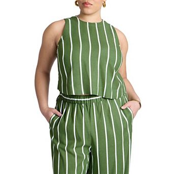 ELOQUII Women's Plus Size Linen Blend Boxy Scoop Neck Crop Tank