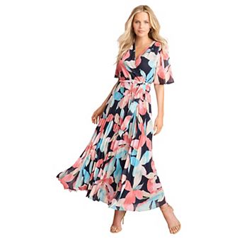 Roaman's Women's Plus Size Pleated Faux Wrap Dress