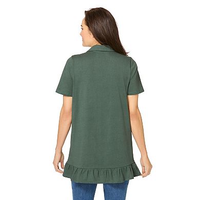 Woman Within Plus Size Short Sleeve Ruffle Hem Polo Tunic