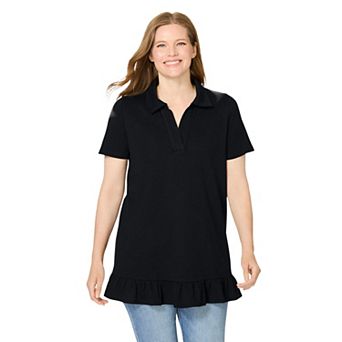 Woman Within Plus Size Short Sleeve Ruffle Hem Polo Tunic