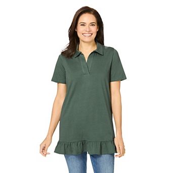 Woman Within Plus Size Short Sleeve Ruffle Hem Polo Tunic