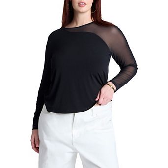 ELOQUII Women's Plus Size Mesh Combo Long Sleeve Top