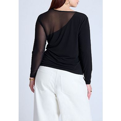 ELOQUII Women's Plus Size Mesh Combo Long Sleeve Top