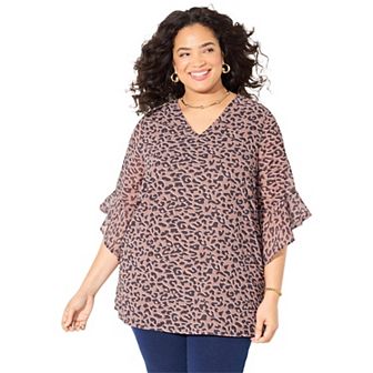 Catherines Women's Plus Size Petite V-Neck Bell-Sleeve Georgette Blouse