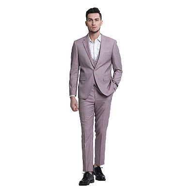 Men's 3pc Solid Sharkskin Skinny-Fit Suit Set w/ Double Breasted Vest