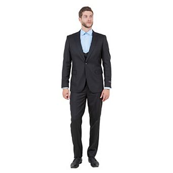 Men's 3 pc Solid Sharkskin Skinny-Fit Suit Set w/ Double Breasted Vest