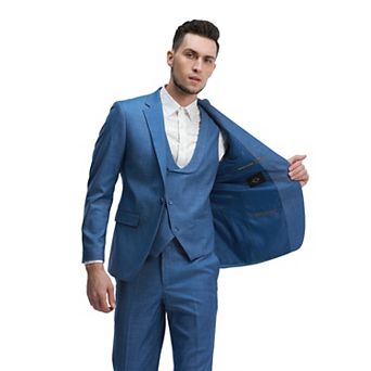 Men's 3 pc Solid Sharkskin Skinny-Fit Suit Set w/ Double Breasted Vest