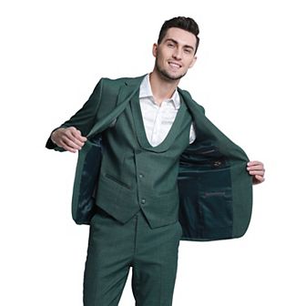 Men's 3 pc Solid Sharkskin Skinny-Fit Suit Set w/ Double Breasted Vest