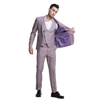 Men's 3 pc Solid Sharkskin Skinny-Fit Suit Set w/ Double Breasted Vest