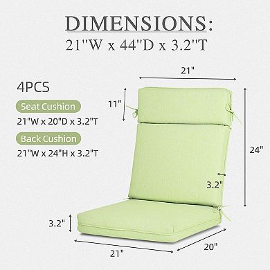 Aoodor Outdoor High Back Dining Chair Cushion Set with Ties and Zipper, 44"x21"x3.2", Set of 4