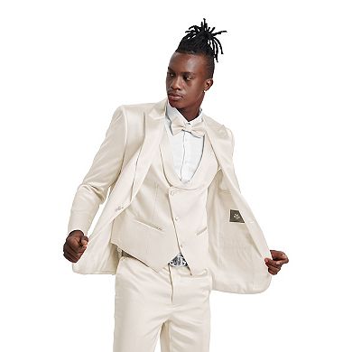 Men's 4-Piece Shiny Solid Peak Lapel Suit Set w/ Double Breasted Vest, Includes Bowtie